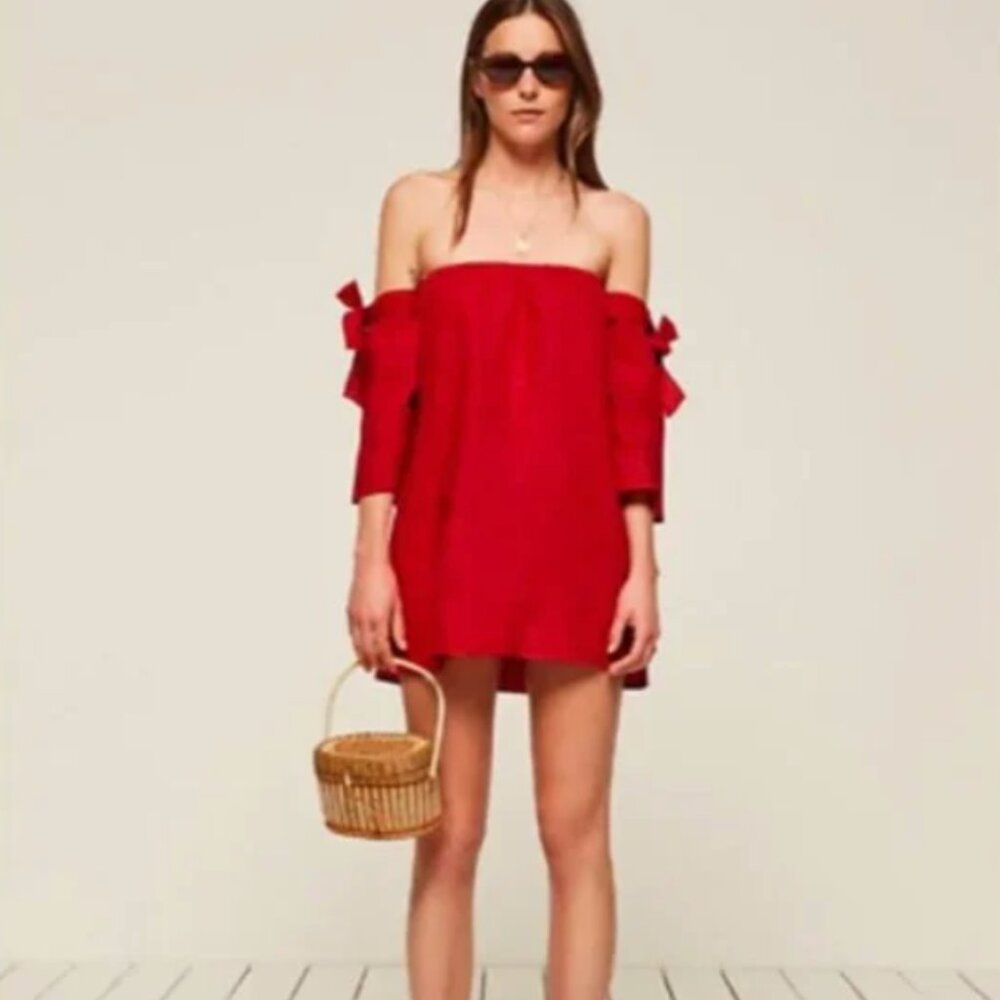 Reformation Carlita Red Off the Shoulder Tie Mini Dress Size Large - Picture 3 of 9
